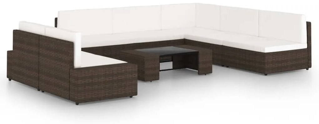 8 pcs conjunto lounge p/ jardim c/ almofadões vime PE castanho