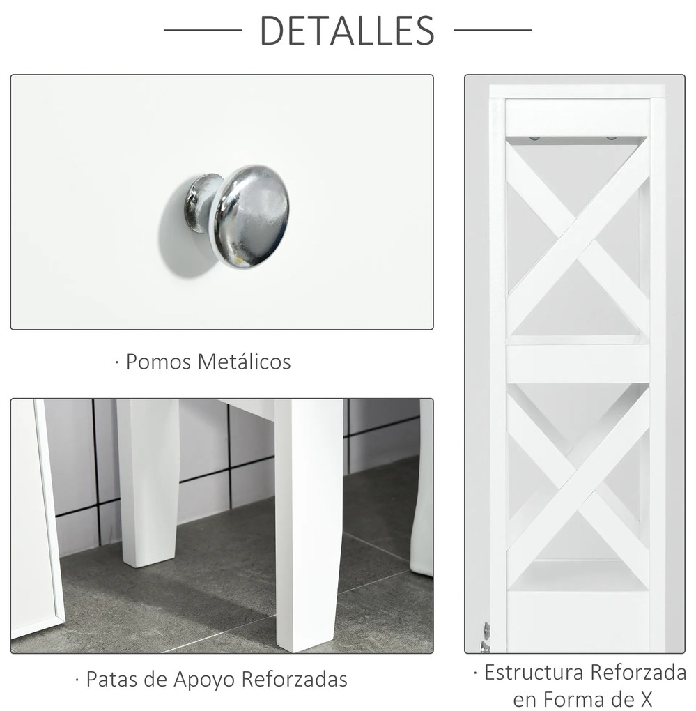 Kleankin Prateleira de banheiro Armário com 3 prateleiras e 2 gavetas com dispositivo anti-queda 60x20x165 cm Branco