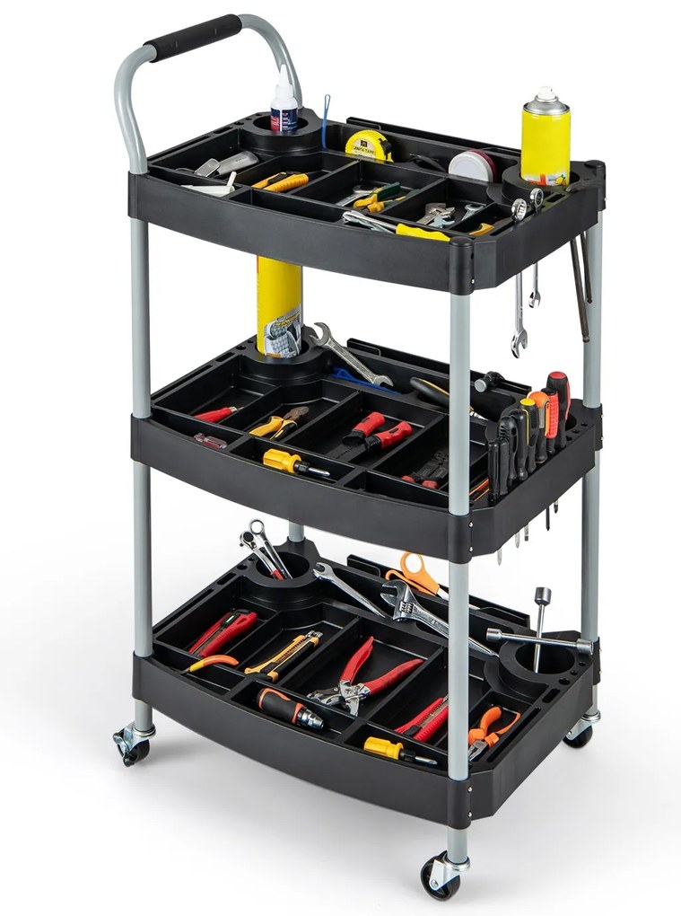 Carrinho de ferramentas de grande capacidade de 3 camadas, organizador de ferramentas com prateleiras de PP