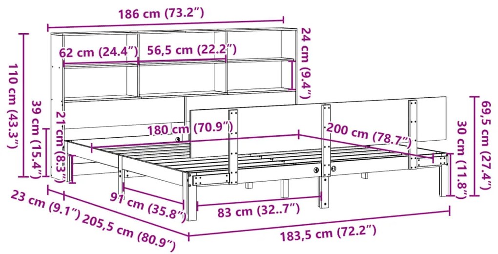 Cama com estante sem colchão 180x200 cm pinho maciço