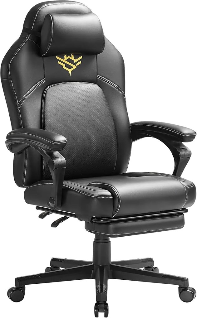 Cadeira gamer SONGMICS HOME Cadeira ergonômica para computador com apoio para os pés Cadeira giratória para escritório com travesseiro PU com altura ajustável Tinta preta OBG072B01