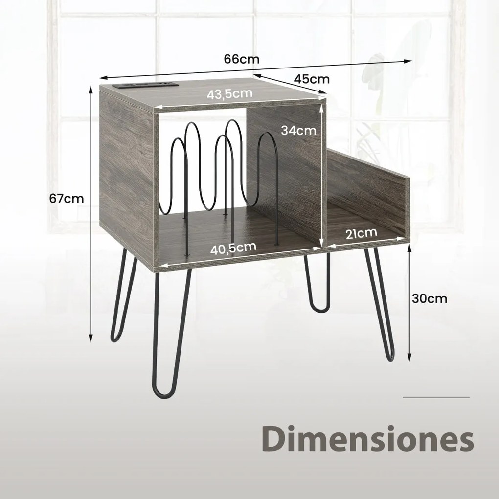 Suporte para gira-discos e discos Vinil com mesa lateral de encaixe com divisória para até 145 álbuns com pernas metálicas Cinzento