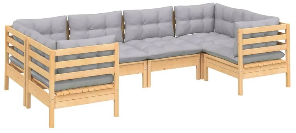 6 pcs conjunto lounge de jardim c/ almofadões cinzentos pinho