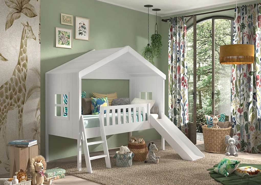 Cama para Crianças Casa HOUSEBED ESCADA + ESCORREGA BRANCA