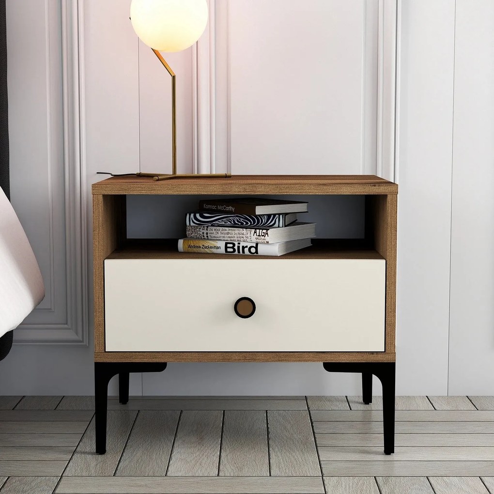 Mesa de Cabeceira Lizbon500 – Nogueira e Creme – 56x50,8x40 cm