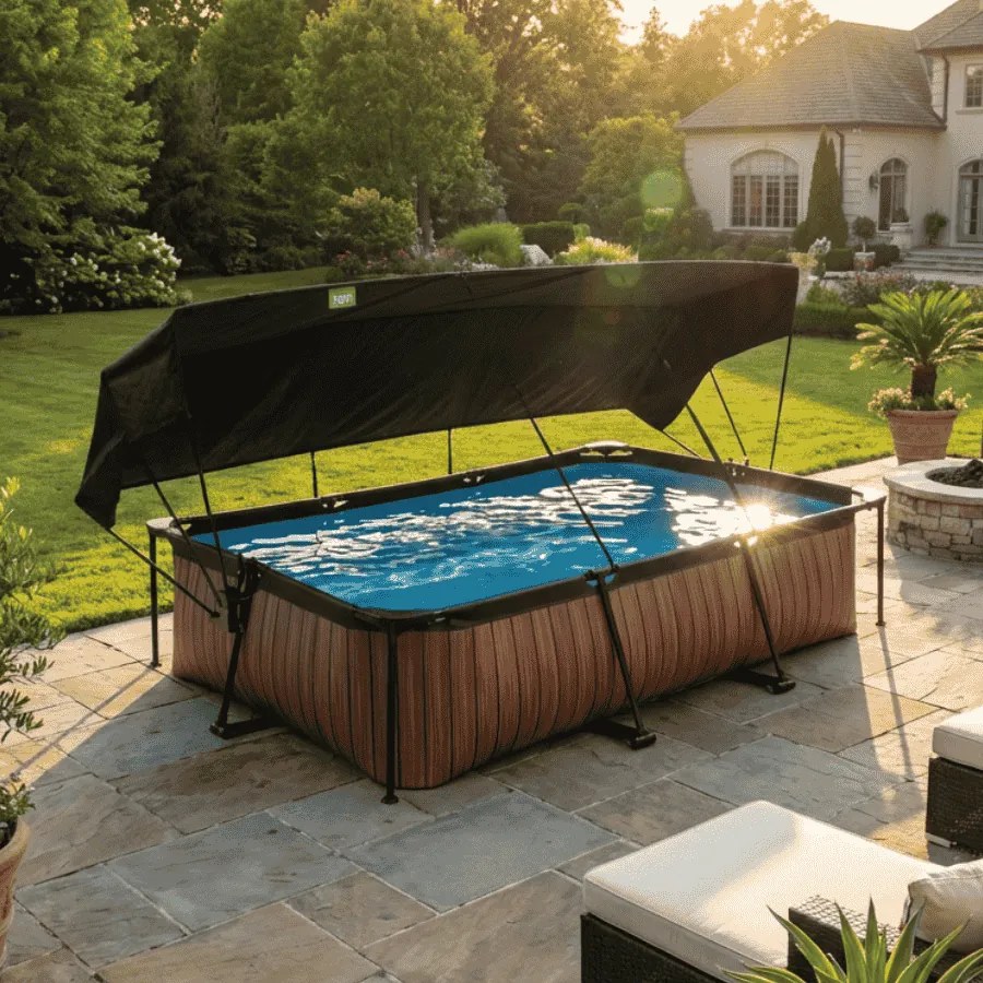 Piscina retangular Wood 300 x 200 x 65 cm com bomba de filtragem e cobertura - Castanho