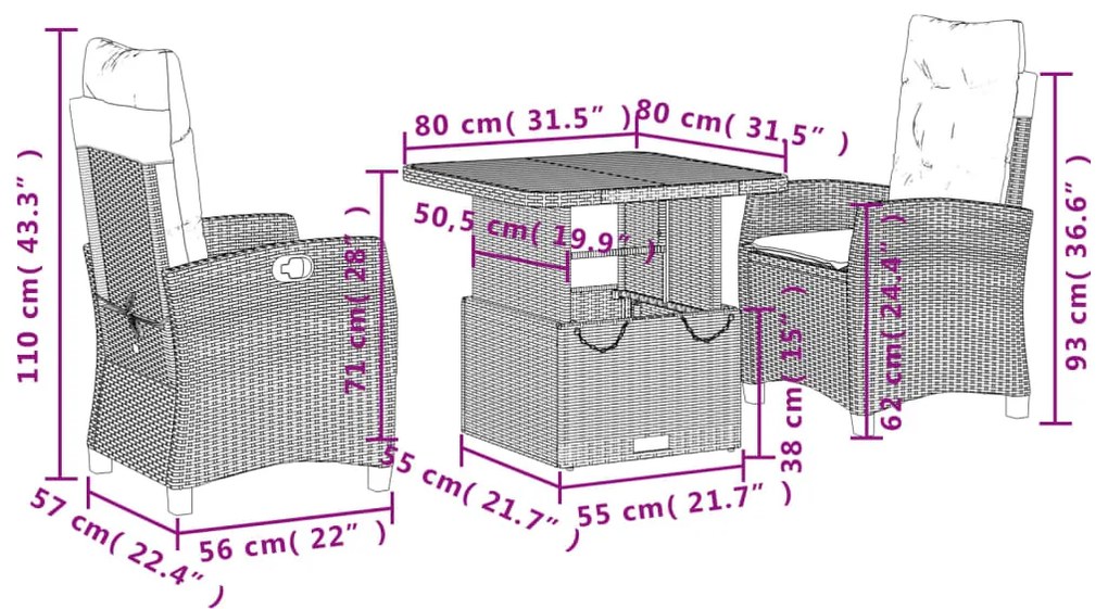 3 pcs conjunto de jantar p/ jardim com almofadões vime PE bege