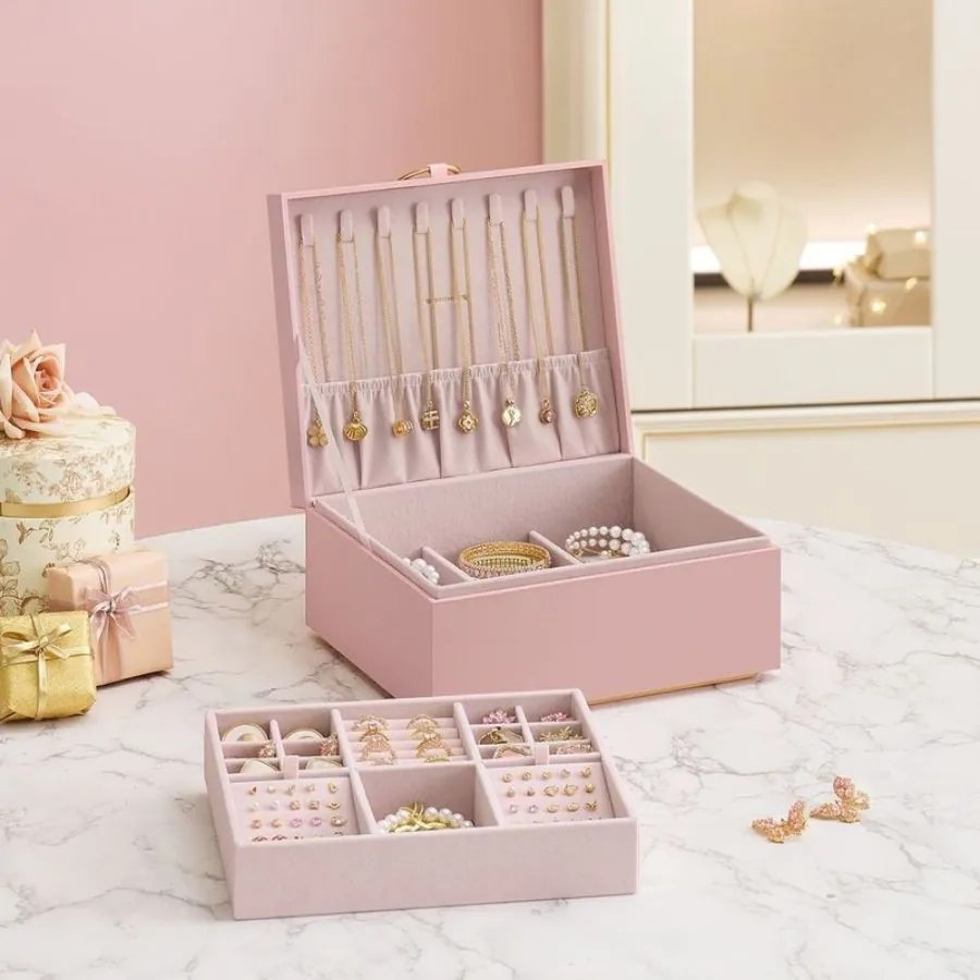 Caixa para joias 20,5 x 24 x 11 cm com pega e tabuleiro flexível rosa pastel