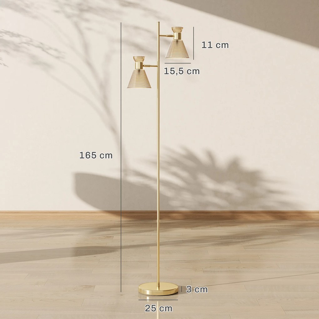 Candeeiro de pé para sala de estar com duas luzes ajustáveis 42 x 25 x 165 cm, candeeiro de pé, abajur de vidro com motivos florais, dourado