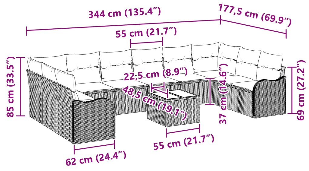 Conjunto de Sofá de Jardim com 10 Peças e Almofadas em Vime Cinza