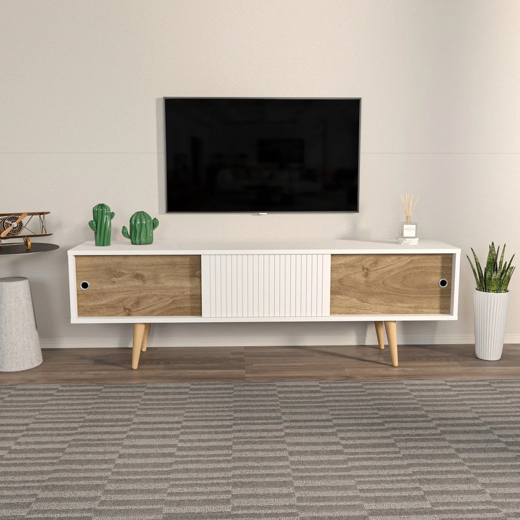 Móvel TV Ecrin – Branco e Nogueira – 160 cm x 45 cm x 34,5 cm