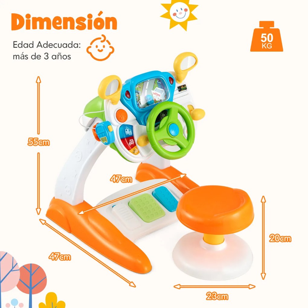 Kit de simulação de direção para crianças, volante interativo com banco, alto-falante musical, megafone, ensino pré-escolar