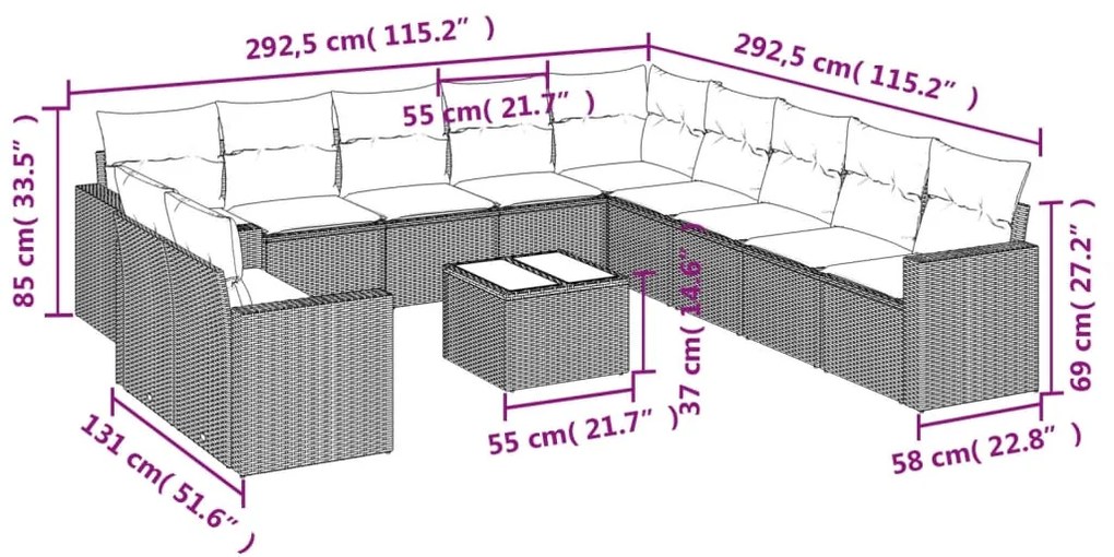 12 pcs conjunto de sofás p/ jardim com almofadões vime PE bege