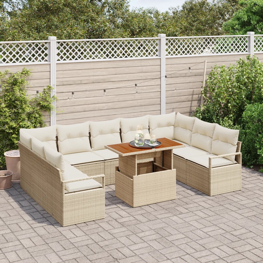 Conjunto de Sofá de Jardim com Almofadas Bege de Rattan Poliéster 10 P