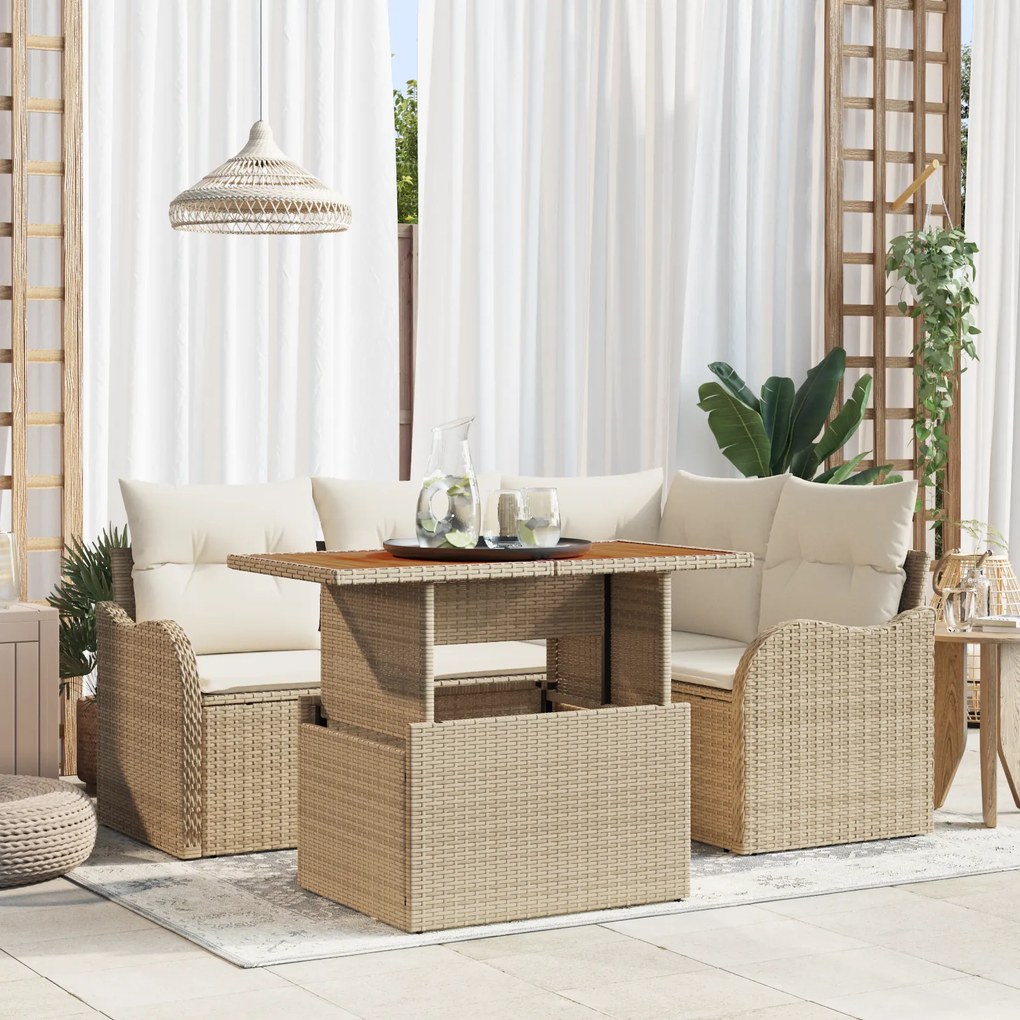 Conjunto de Sofá de Jardim vidaXL com Almofadas Bege em Rattan de Polietileno e Acácia