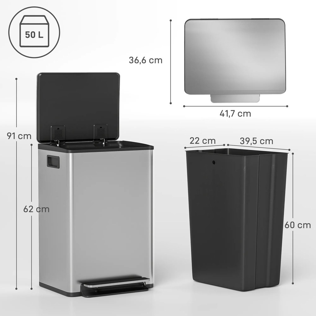 Caixote do lixo de cozinha 41,7 x 36,6 x 62 cm de 50 L, com pedal, balde interior removível, tampa com fecho suave, prateado