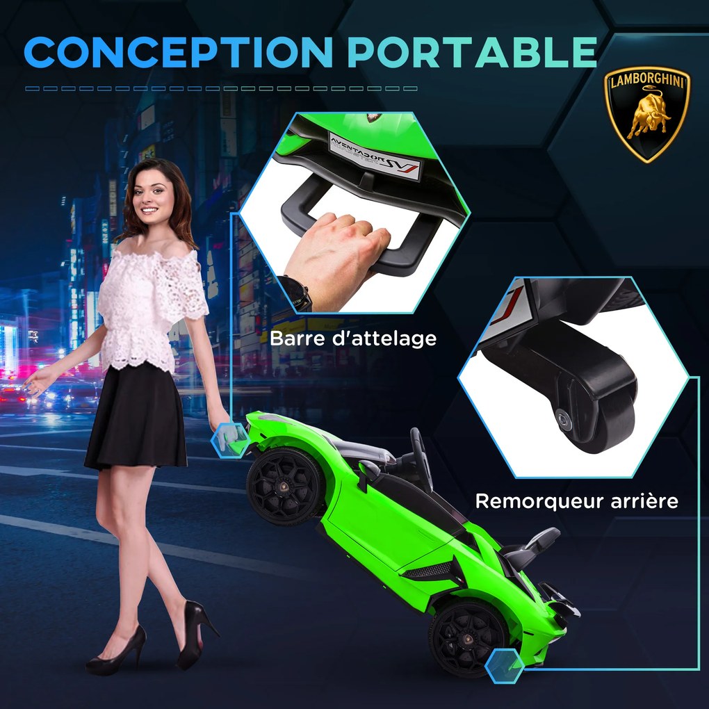 Carro elétrico para crianças com licença Lamborghini Aventador SVJ, 12 V, com portas em forma de borboleta, comando à distância, 3-5 km/h, verde
