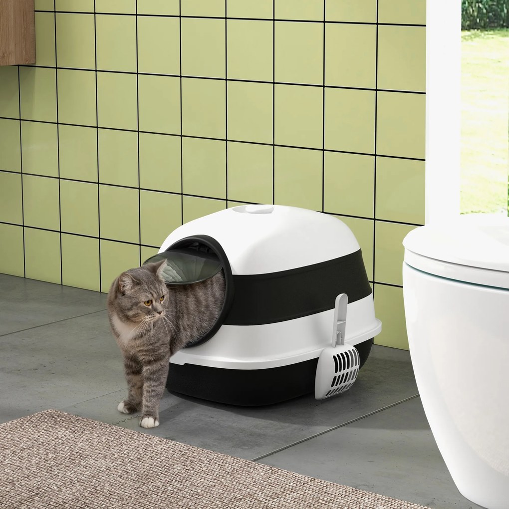 Caixa de areia para gatos dobrável com porta de batente e claraboia + pá incluída, preto e branco