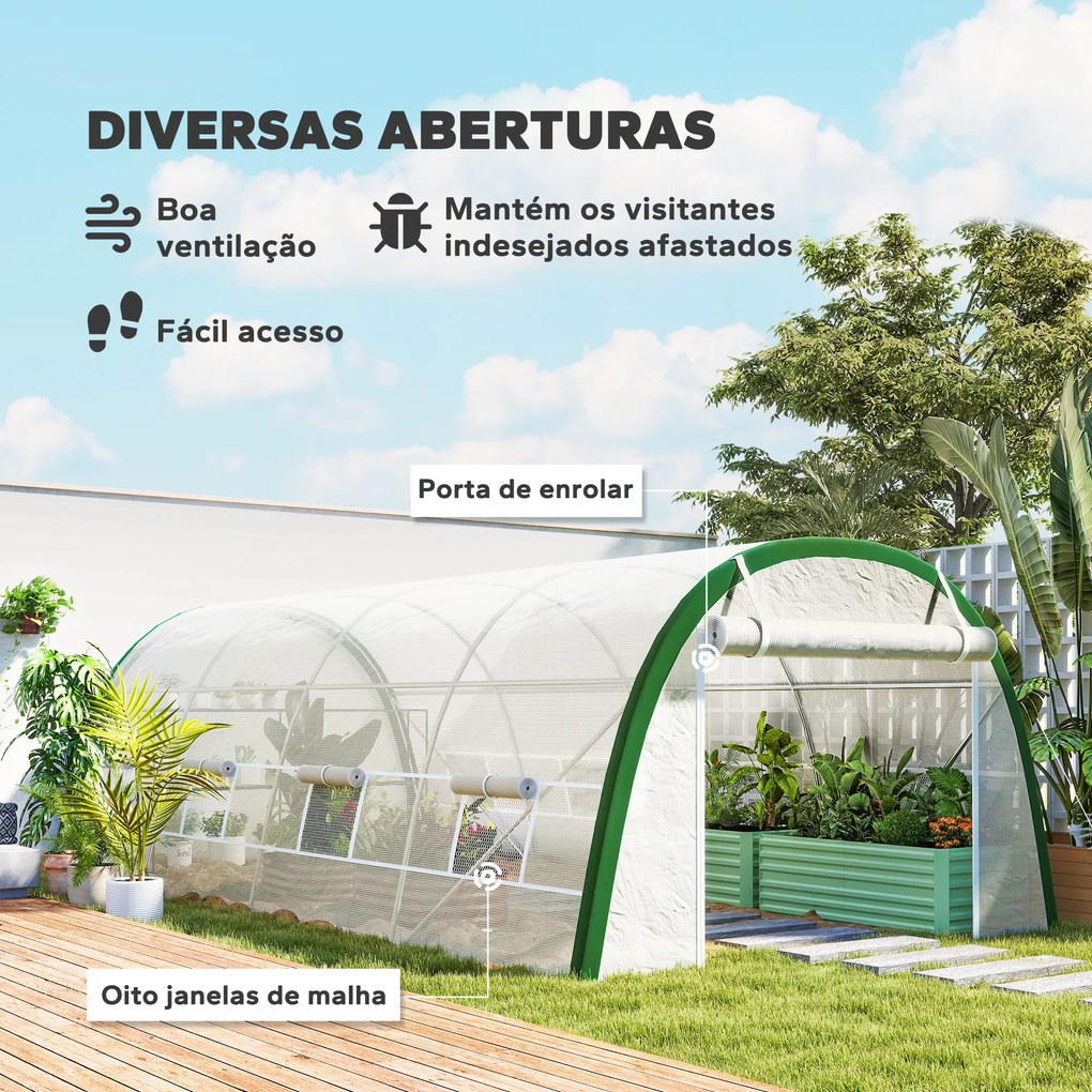 Estufa de Exterior 6x3x2 m Estufa de Túnel com Porta Enrolável 8 Janelas com Rede Cobertura PE 140g/m² Estrutura em Aço Branco