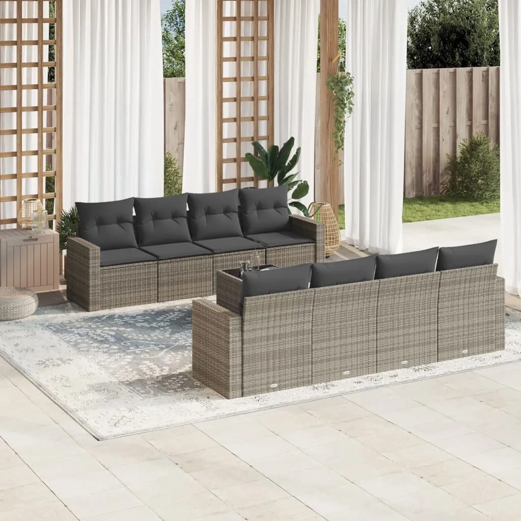 9 pcs conjunto sofás p/ jardim com almofadões vime PE cinzento