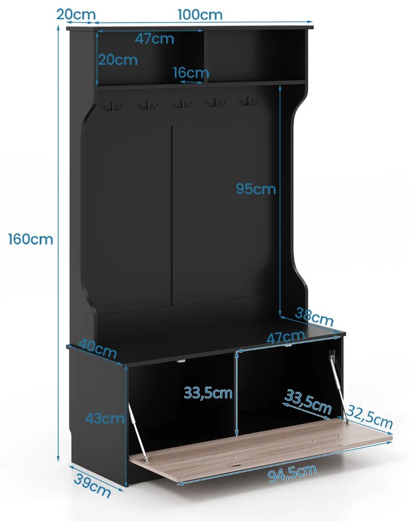 Cabide de entrada com sapateira Banco de arrumação 1 aba 5 ganchos duplos Organizador de quarto 100 x 40 x 160 cm Preto