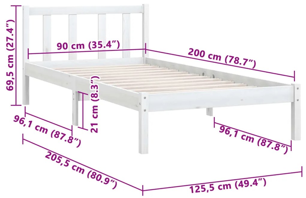 Estrutura de cama 90x200 cm pinho maciço branco