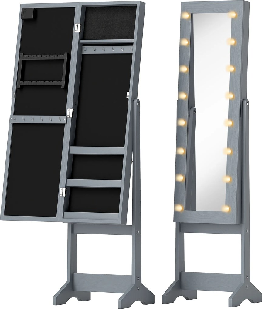 HOMCOM Espelho Joalheiro com Luzes LED Armário para Joias com Ângulo Ajustável Prateleiras Ranuras para Anéis 36x30x136 cm Cinzento | Aosom Portugal