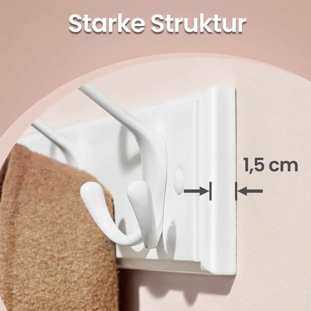 Cabide de parede com ganchos de metal, barra para casacos e chapéus 7 x 50,4 x 10,5 cm Branco