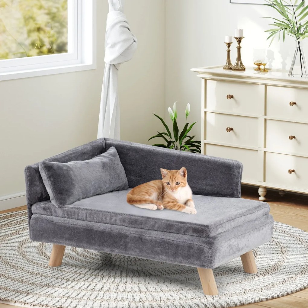 Cama elevada para animais de estimação 81 x 51 x 47 cm  com almofada e travesseiro removíveis, pernas de madeira e encosto alto Cinza