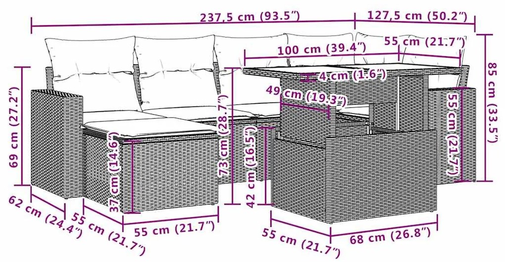 7 pcs conjunto de sofás p/ jardim c/ almofadões vime PE preto