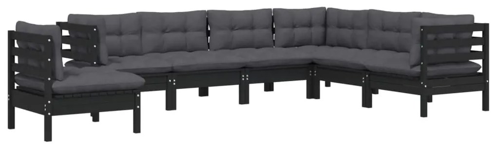 7 pcs conjunto lounge jardim c/ almofadões pinho maciço preto