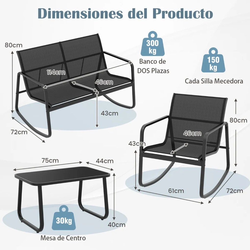 Conjunto de cadeiras de baloiço de jardim de 4 peças, com 2 cadeiras de baloiço Sofá de 2 lugares e mesa com tampo de vidro Preto