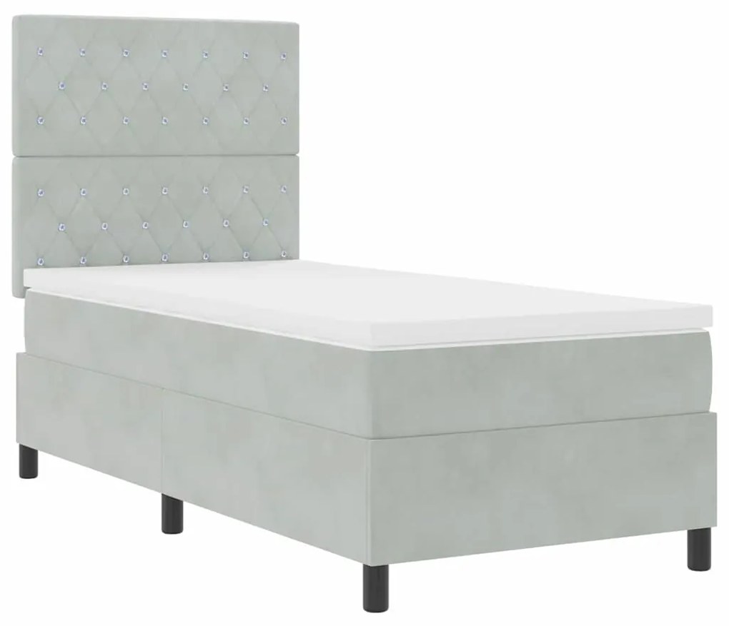 Cama Box com Colchão e Luz LED Cinza Claro 90x190 cm Veludo