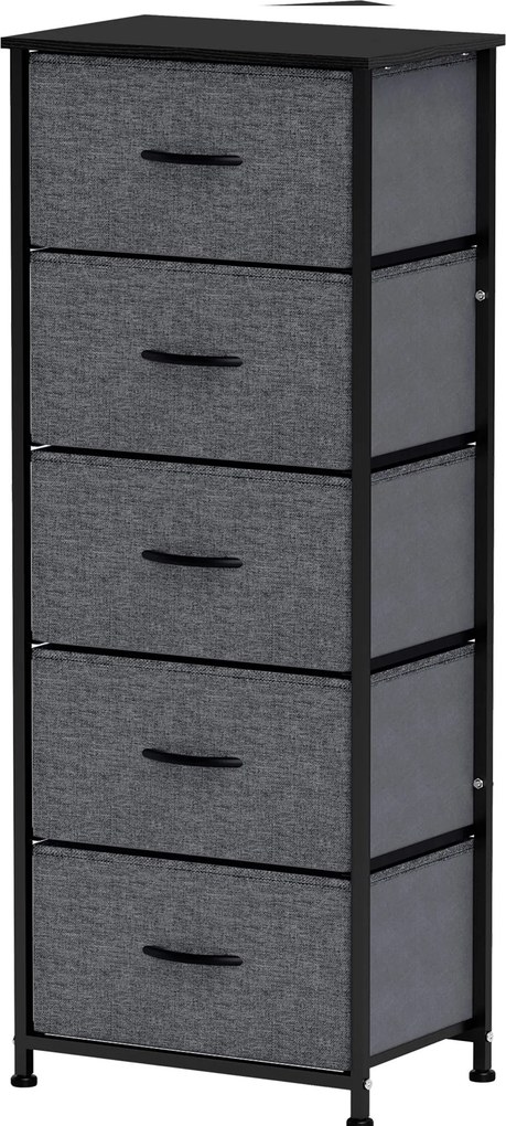 Cómoda com 5 gavetas 45 x 30 x 116 cm, móvel de arrumação com gavetas em tecido dobrável – estrutura em aço preto cinzento escuro