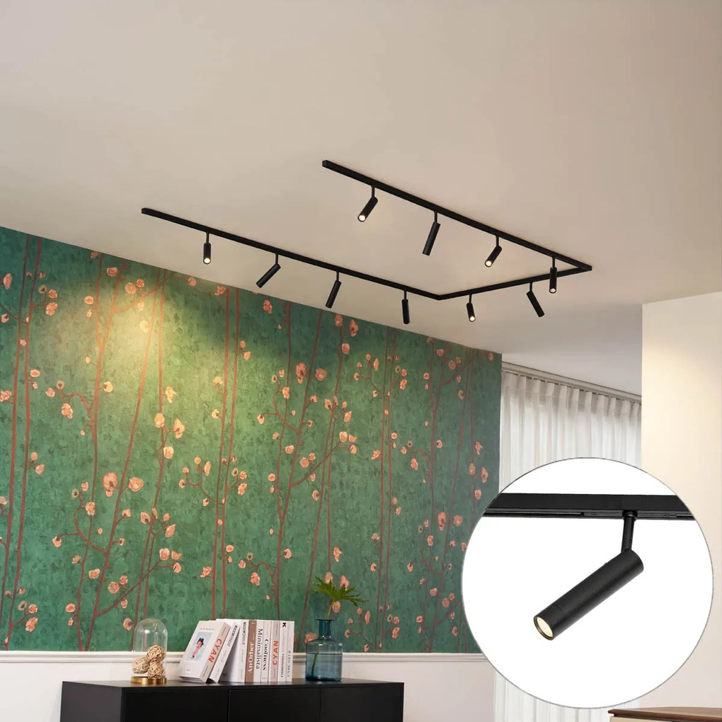 Sistema de iluminação de trilho moderno com 10 focos pretos monofásicos - Slimline Uzzy