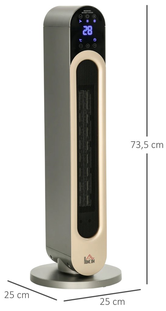 Aquecedor Cerâmico de Torre 1100/2200W com Controlo Remoto Ecrã LED Temporizador de 12h Termostato 3 Modos e Oscilação para 20-25m² Ø25x73,5cm Prata