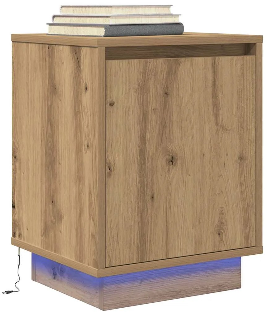 Mesa de cabeceira com luzes LED Carvalho Artesanal 38x34x50 cm