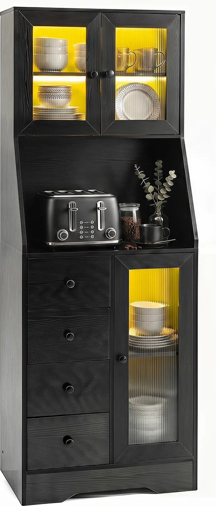 Armário de cozinha, 60 x 40 x 163 cm, Iluminação LED RGB, Preto