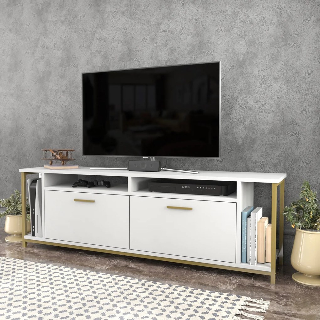 TV Stand Omar – Branco e Dourado – 160 cm x 35 cm x 50,8 cm