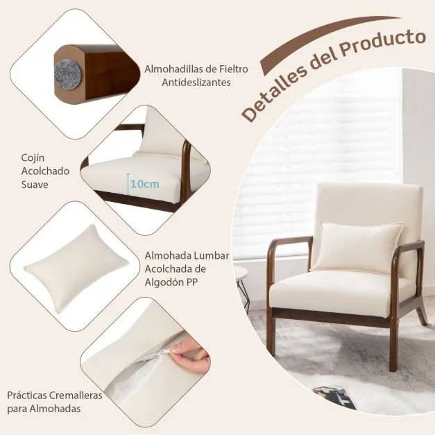 Poltrona Moderna 79 x 65 x 77 cm com Estrutura em Madeira de Borracha Almofada Lombar Almofadas de Feltro Antiderrapantes Bege