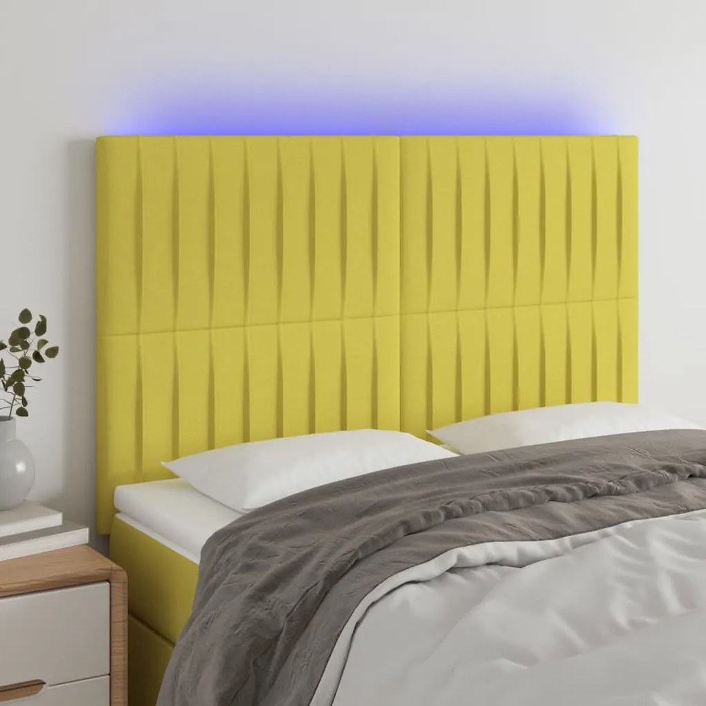 vidaXL Cabeceira cama c/ LED tecido 144x5x118/128 cm verde