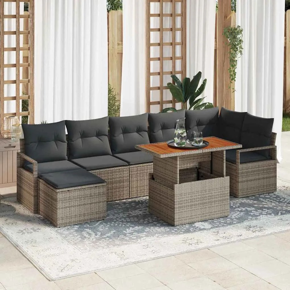 vidaXL Conjunto de Sofá de Jardim de 8 Peças com Almofadas Cinza em Rattan Sintético e Acácia