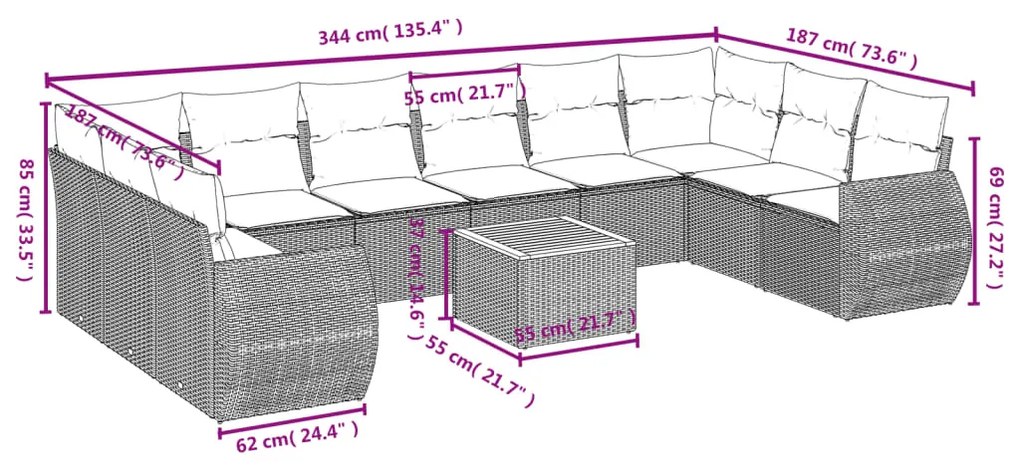 11 pcs conjunto sofás de jardim c/ almofadões vime PE bege