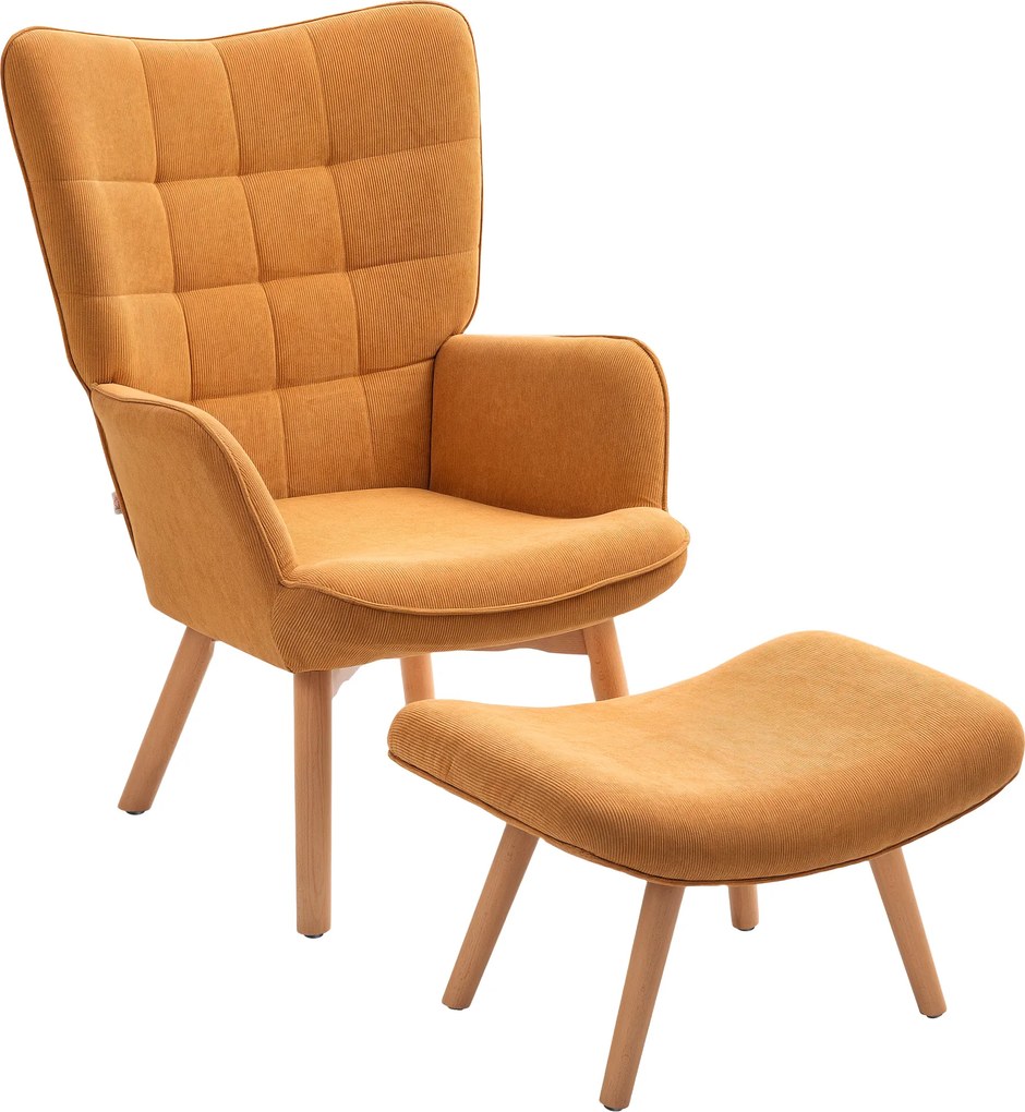 HOMCOM Poltrona de destaque com otoman, poltrona relax com visual cotelê, poltrona com braços e pés em madeira, para sala de estar, castanho | Aosom Portugal