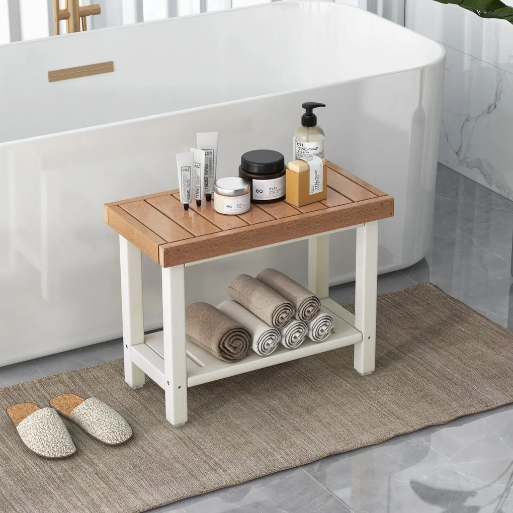 Banco de casa de banho com prateleira de armazenamento banco de chuveiro à prova d'água 61 x 31 x 49 cm castanho e branco