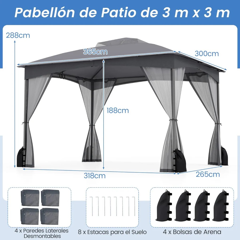 Pérgula para jardim 365x300 cm com paredes de malha com pesos areia Estrutura metálica resistente Portas com fecho Cinzenta