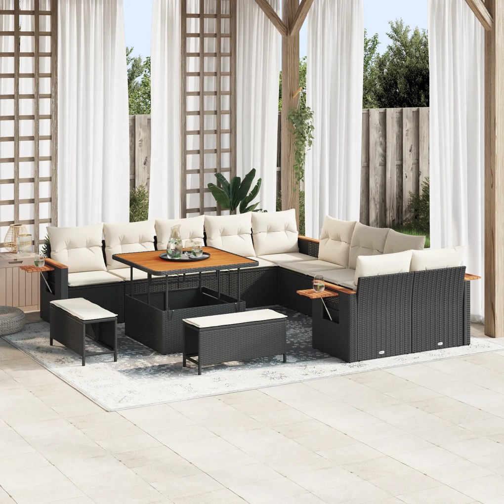 Conjunto de Sofás de Jardim vidaXL de 13 Peças com Almofadas Preto Rattan Sintético Acácia