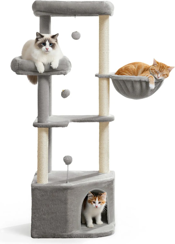 Arranhador para gatos com bolas de pelúcia 48,5 x 48,5 x 140,7 cm cinzento