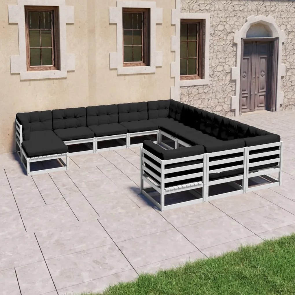 vidaXL 12 pcs conj. lounge de jardim c/ almofadões pinho maciço branco