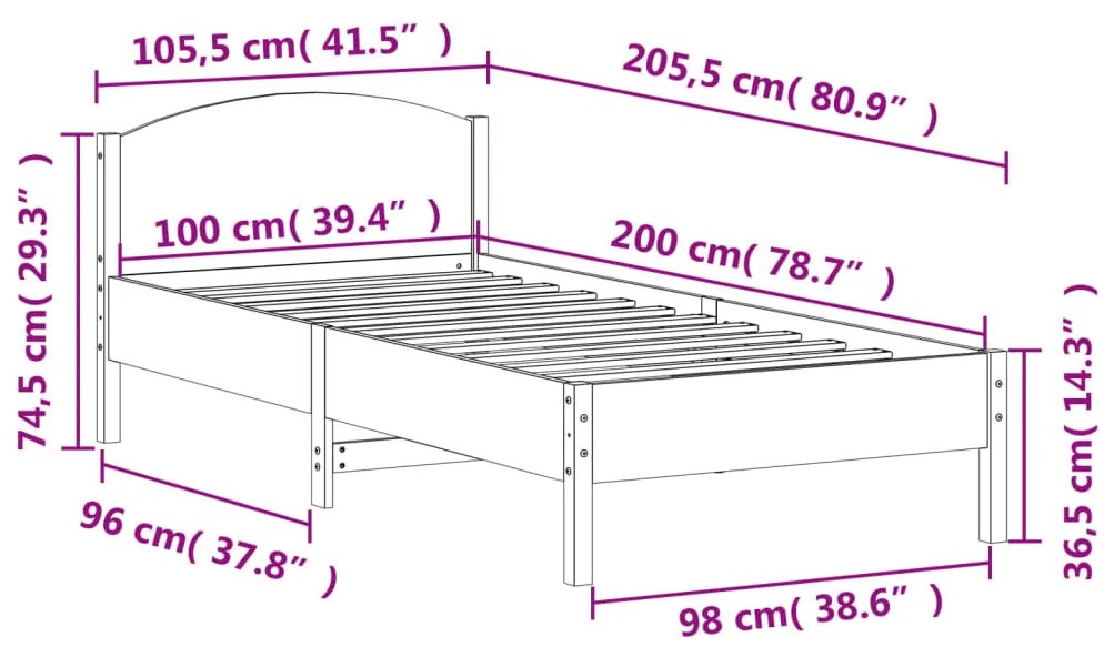 Estrutura de cama com cabeceira 100x200cm pinho maciço branco